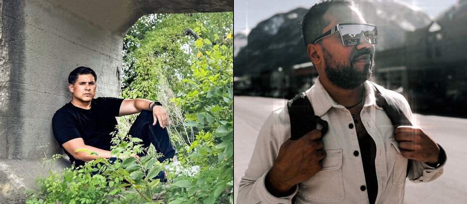 Two men featured: one sitting under a concrete structure in greenery, wearing black; the other standing with a backpack in bright sunlight, wearing shades.