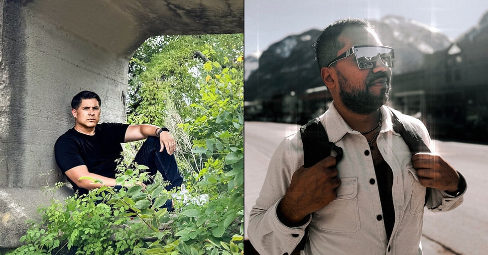 Two men featured: one sitting under a concrete structure in greenery, wearing black; the other standing with a backpack in bright sunlight, wearing shades.