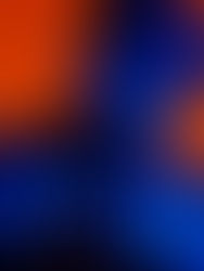 Man in a blue-lit shirt with bold text, smiling against a vibrant orange background, creating a contrasty and energetic mood.