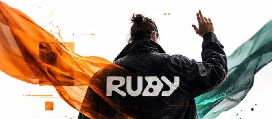 Back view of person in black jacket with RUBY text, raising a hand as orange and teal fabric swirls on a white background.