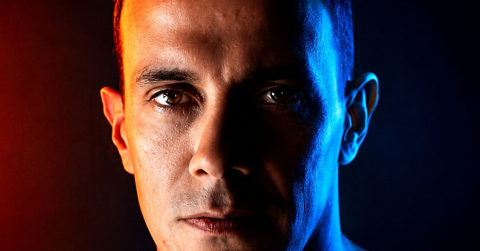 Close-up of a serious man's face lit red on one side and blue on the other against a dark background.