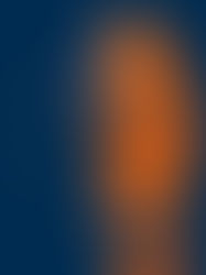 Abstract portrait of a man in orange and blue tones on a dark background. Half the face is in shadow, creating a mysterious mood.