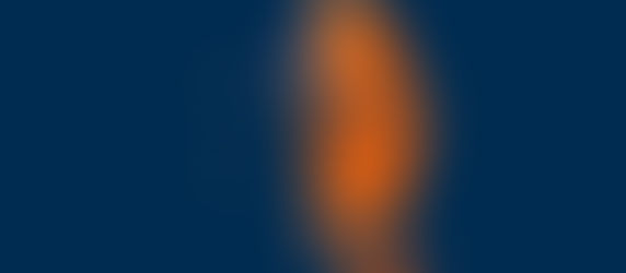 Abstract portrait of a man in orange and blue tones on a dark background. Half the face is in shadow, creating a mysterious mood.