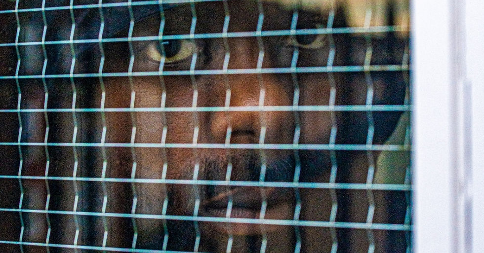 A close-up of a person's face behind a window with mesh grid, eyes wide, conveying a somber mood. Light reflects off the grid, creating a pattern.