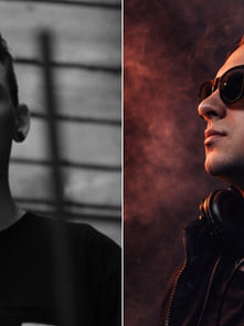 Two moody portraits side by side: one in black and white, a man in a greenhouse; the other in color, a man with headphones and sunglasses in smoke.