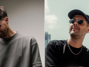 Two men in portrait split-screen: smiling man in gray indoors; man in cap and sunglasses outdoors against a bright sky.