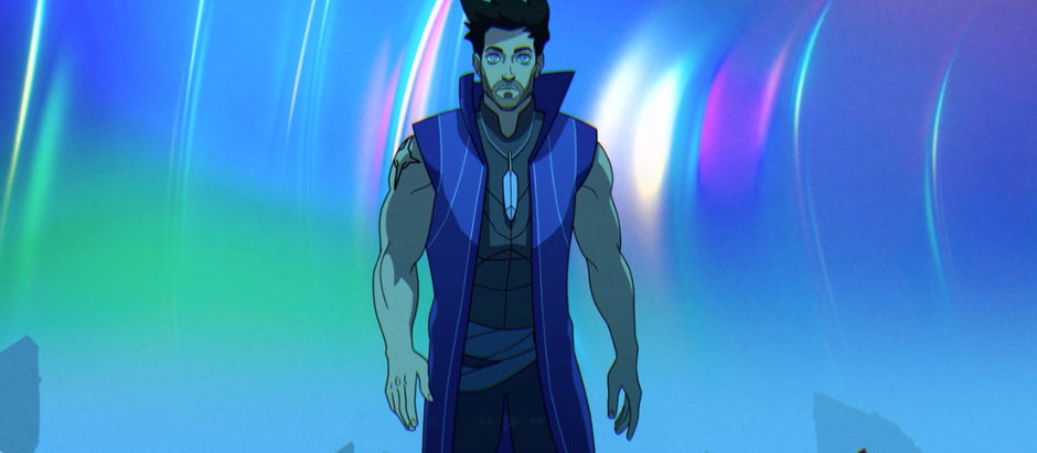 Animated character with black hair wearing a blue outfit stands in front of an aurora-lit sky. The setting feels mystical and calm.