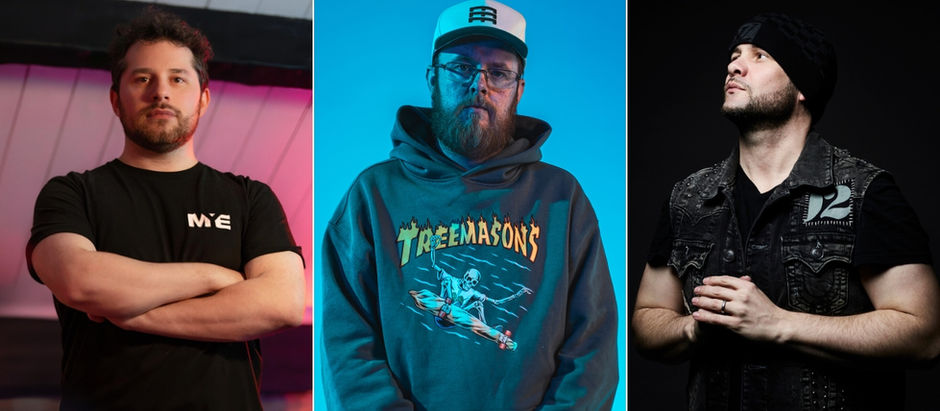 Three men in casual wear. Left: arms crossed, pink-lit room. Middle: hoodie with "Treemasons," blue backdrop. Right: looking up, dark vest.