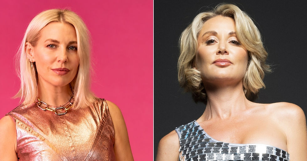 Side-by-side portraits of two blonde women in metallic dresses, one against a pink background and one against a black backdrop.