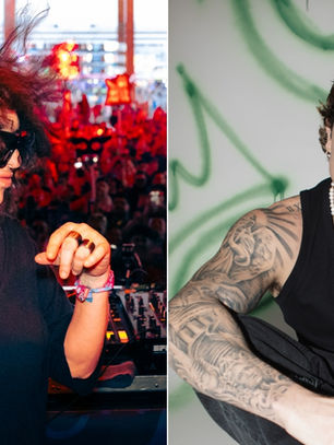 Split image: a woman with wild hair and sunglasses at a red-lit DJ booth, and a tattooed man in sunglasses against graffiti.