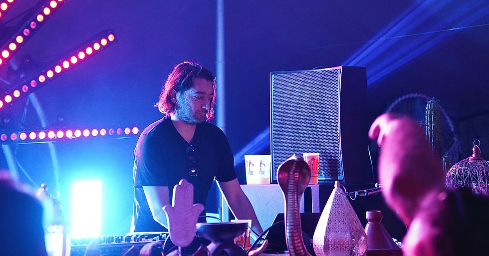 DJ performing at a dimly lit event with colorful lights and mystical decor. A large speaker and decorative objects are visible around him.