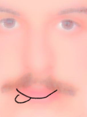 Blurred close-up of a man's face with mustache and drawn mouth on a pale background, giving a soft, surreal look