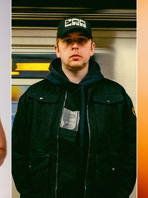 Three stylish portrait photos: a man in a black tank top, a man in a cap and jacket, and a woman in sunglasses under orange light.