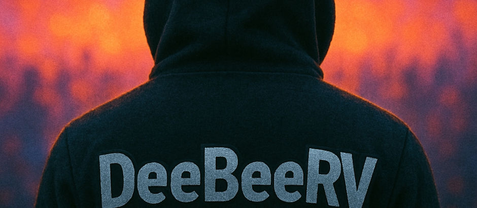 Back of a person in a hoodie with "DeeBeeRV" text, set against a vibrant orange and purple blurry background. Moody atmosphere.