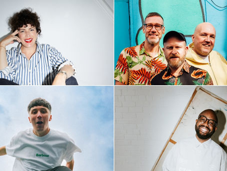 Four portrait shots: smiling woman indoors, four men by a bright mural, man outdoors in clouds, and man smiling by a white wall