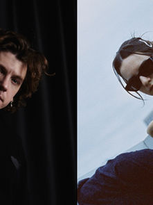 Split image: Left shows a person in a black shirt against a dark curtain, looking pensive. Right shows another person in sunglasses, black top, outdoors.