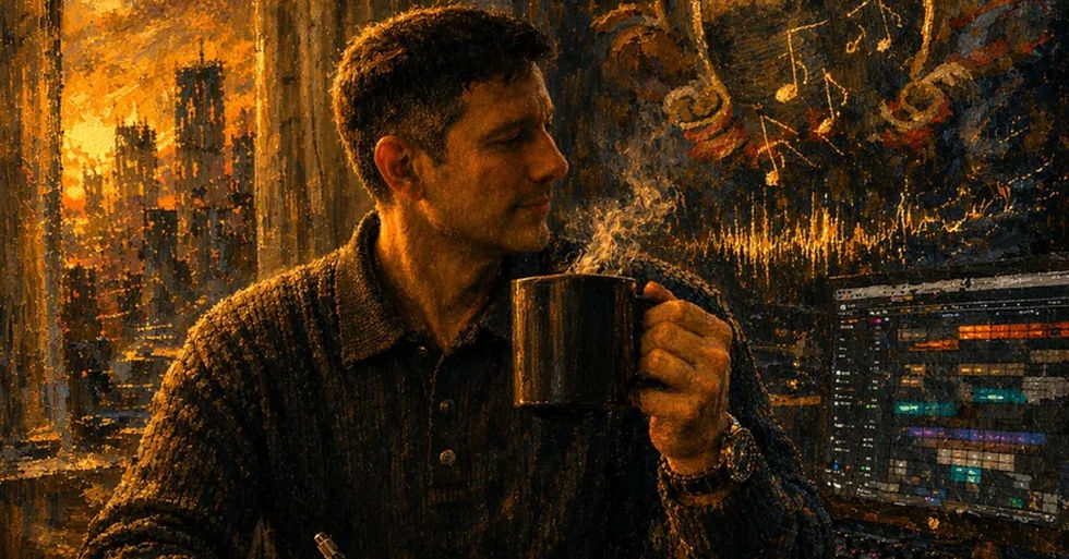 Man in a dark shirt holds a steaming mug by a window at sunset, with a city view and music-editing screen glowing beside him.