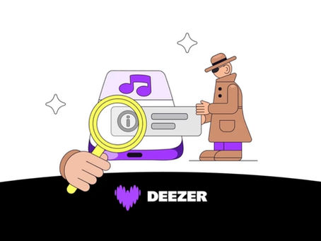 Cartoon detective with magnifying glass inspects a music app icon; Deezer logo on black curve, white background.