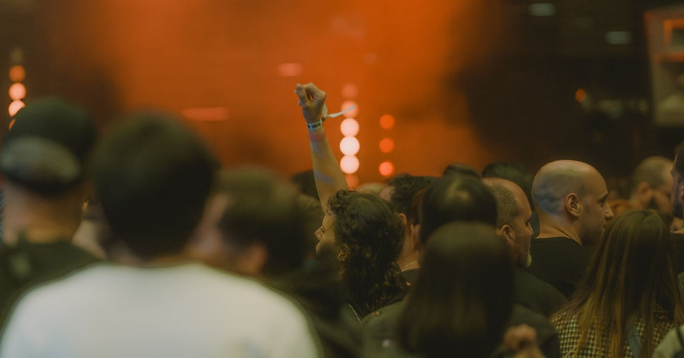 Crowd at a concert under orange stage lights, with one person raising a fist in the center.