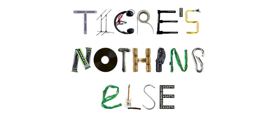 Playful collage of gear, tape, vinyl, hammer and guitar arranged as letters on a white background.