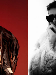 Man in reflective jacket on red background, looking left. Another man in fur coat and sunglasses, pensive, on white background.