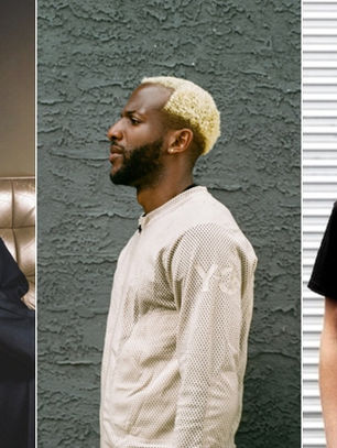Three men in a collage. Left sits on a tan couch, middle stands in profile, blonde hair, textured wall. Right in black shirt, striped background.