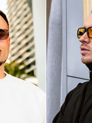 Split portrait of two men in sunglasses: one in a white shirt outdoors, one in a black jacket leaning by a gray wall, cool and stylish