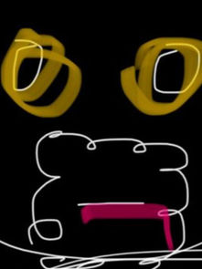 Abstract drawing of a face on a black background, with yellow eyes, white outlines, and a pink mouth. The expression seems curious or surprised.