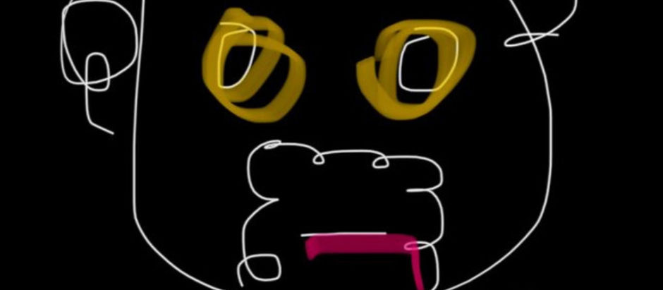 Abstract drawing of a face on a black background, with yellow eyes, white outlines, and a pink mouth. The expression seems curious or surprised.