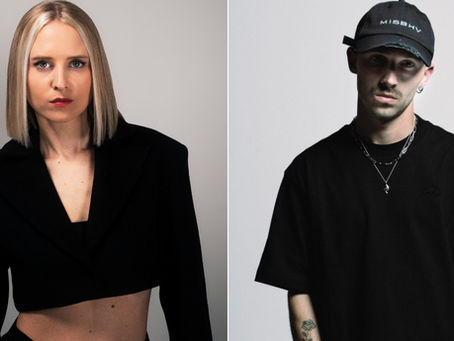 Split portrait of a blonde woman and a man in black streetwear against gray backdrops, both staring seriously.