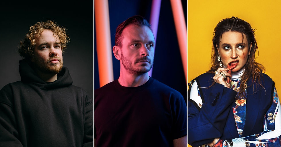 Three people in separate portraits. Left: man in hoodie on black. Center: man with lights on dark. Right: woman biting lips in colorful outfit.
