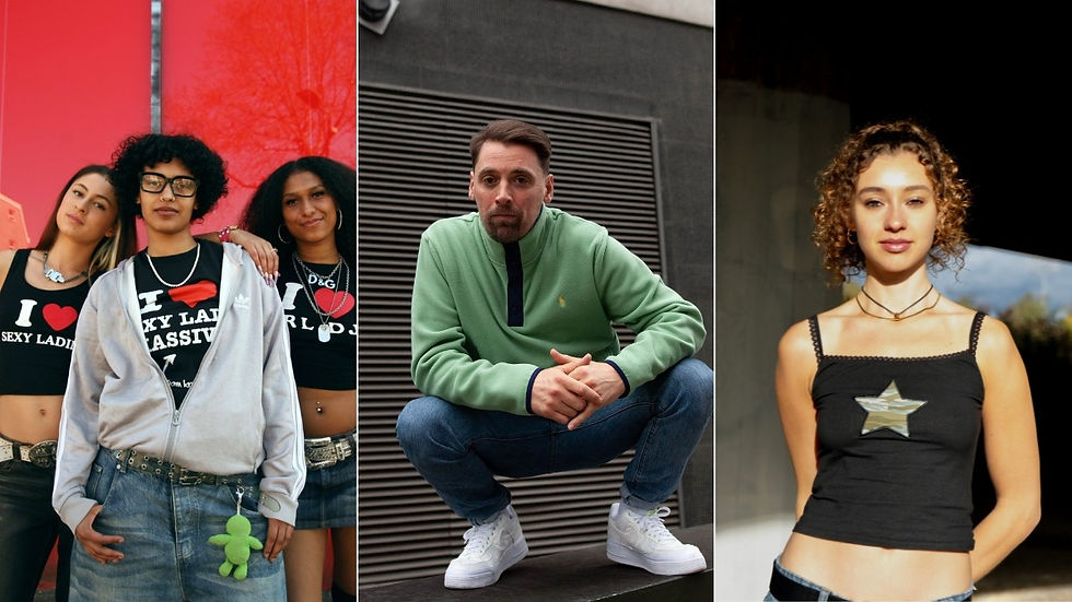 Three images: Left, three people in black tops with slogans, red background. Center, person in green sweater crouching, gray backdrop. Right, person in black star top, outdoors.