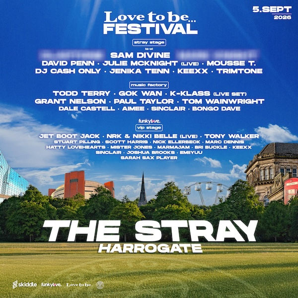 Festival poster with DJ lineup on blue sky background. Text: Love to be... Festival, 5 Sept 2026, The Stray, Harrogate. Sky, trees visible.