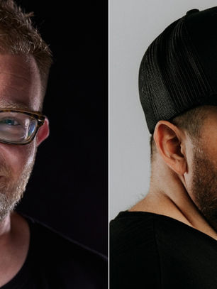 Two men in profile, one smiling with glasses on black background, the other with a beard and black cap labeled "Techno" on light gray.