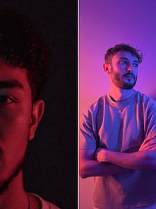 Split image: Left shows a man in blue-red light, serious expression. Right, two men in purple-blue light, looking aside, arms crossed.
