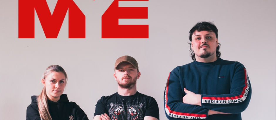 Three people with crossed arms stand confidently in front of a white background. Red "MYE" text is visible above them.