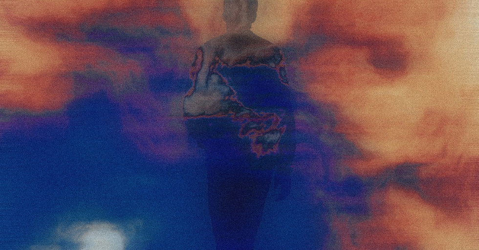 Silhouette of a person amidst swirling orange and blue abstract patterns, creating a mysterious and ethereal atmosphere.