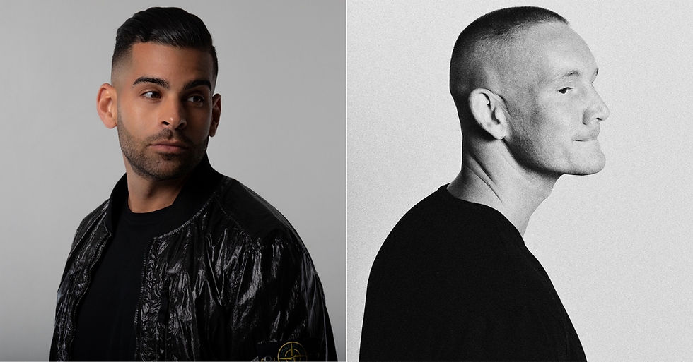 Two portraits side by side: one man in a shiny jacket gazes left against a gray backdrop; the other bald man in a black shirt gazes right.