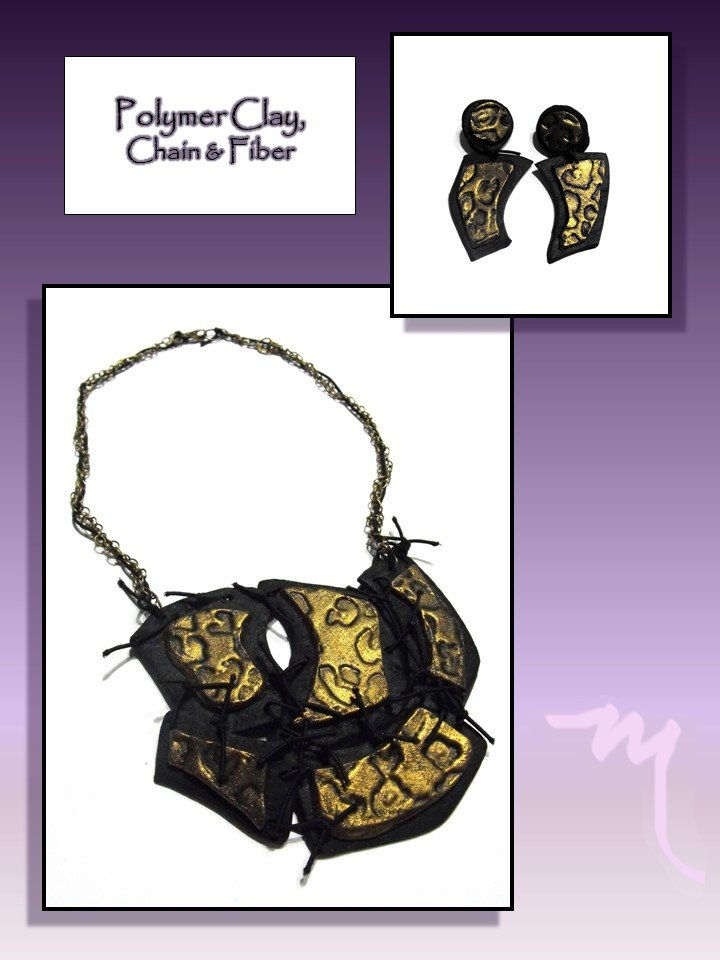 Leopard Print Necklace by Artist Kelly E. Marra - Black & Gold Colored Clay, Mixed Media Necklace, One of a Kind, Fiber, Chain, Metallic, Rocker Jewelry, Chunky Layered Puzzle Bib Necklace