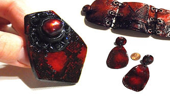 Rocker Jewelry, Snakeskin Texture, Pearl, Huge Statement Ring, Earrings and Rocker Cuff by Artist Kelly E. Marra - Red and Black, one of a kind custom jewelry