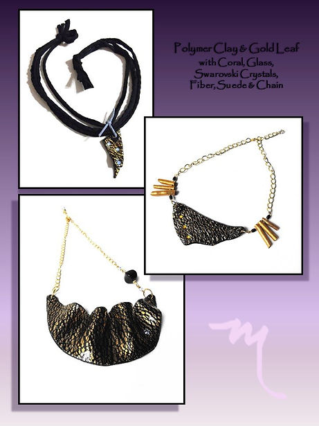 Black and Gold Jewelry by Artist Kelly E. Marra - Polymer Clay Jewelry, One of a Kind, Gold Leaf, Fabric, Chain, Coral, Glass, Unique Bib Necklaces