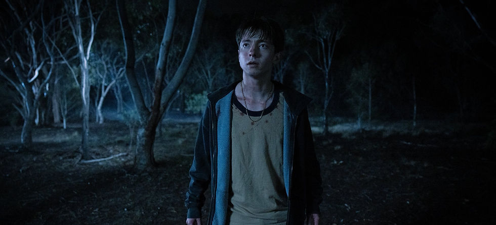 A sweaty-looking teenage boy stands in a dark forest, looking at something off-screen.