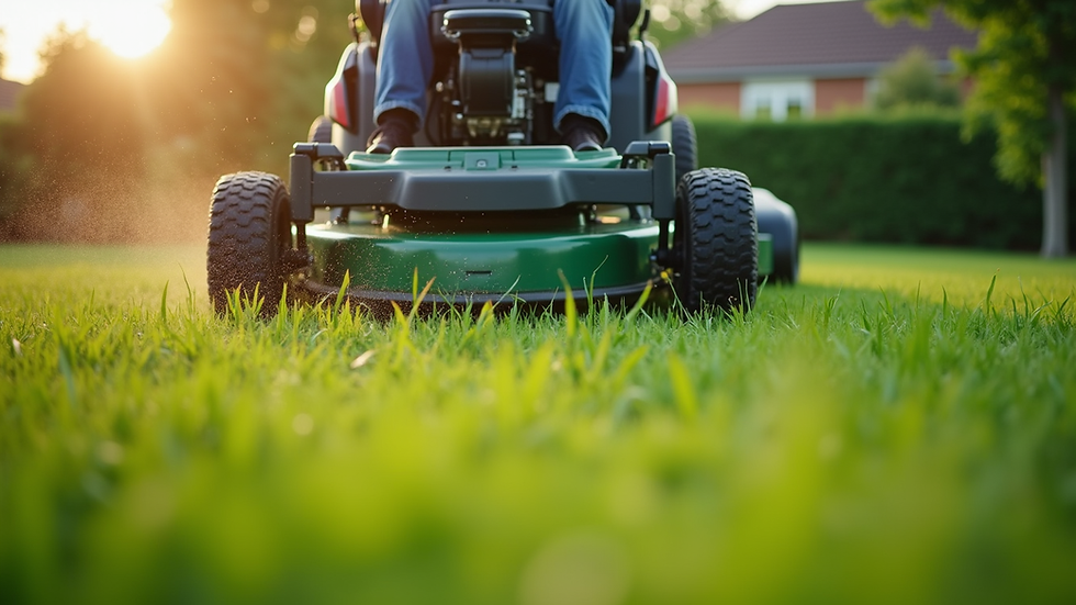 Close-up view of a lawn care technician mowing grass with a commercial mower