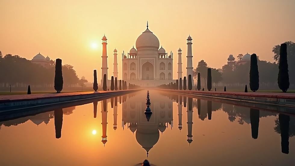 High angle view of the Taj Mahal reflecting in the water at sunrise