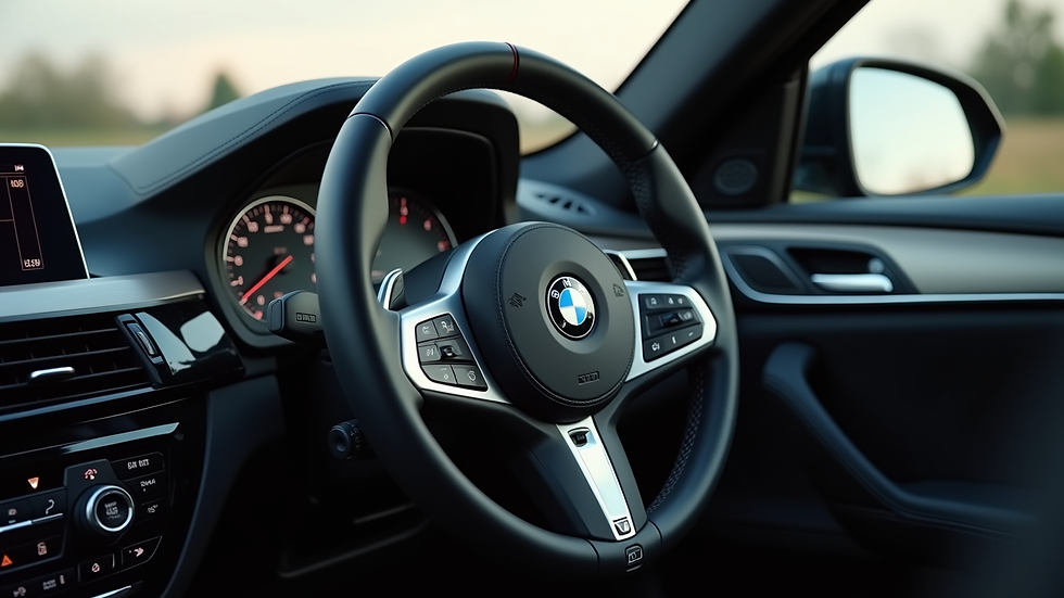 Close-up view of BMW X1 dashboard and steering wheel