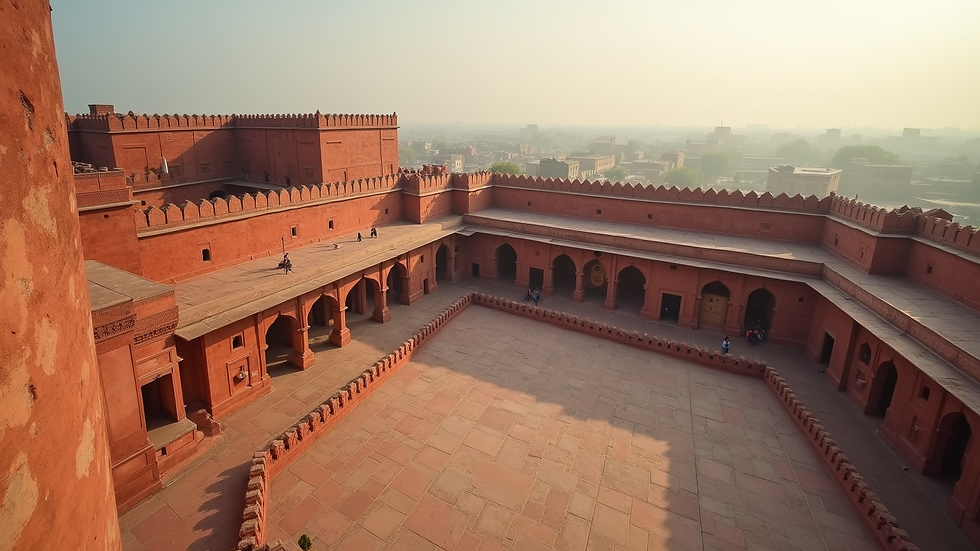 High angle view of Agra Fort’s red sandstone walls and courtyards