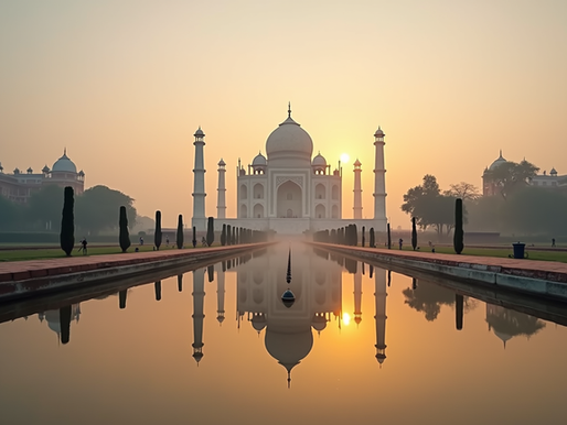 The Taj Mahal reflecting in the water at sunrise