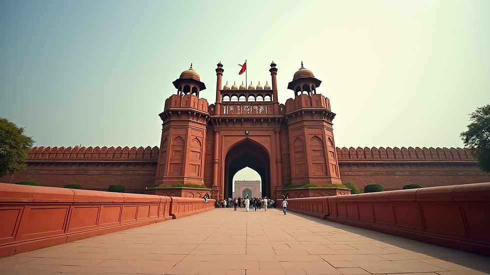 Eye-level view of the Red Fort’s grand entrance gate
