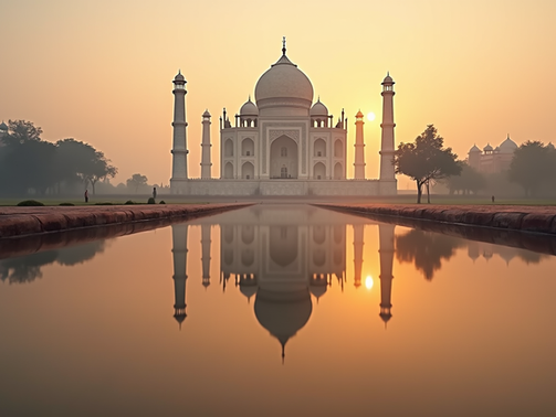 View of the Taj Mahal reflecting in the water at sunrise