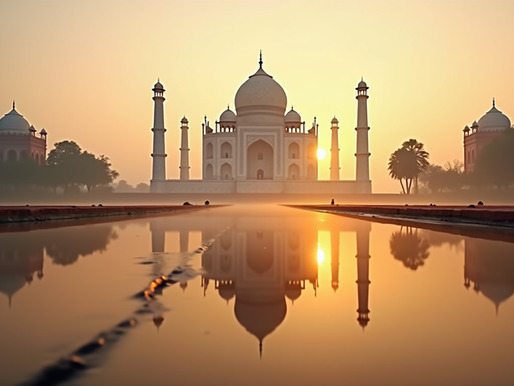 Eye-level view of the Taj Mahal reflecting in the water at sunrise
